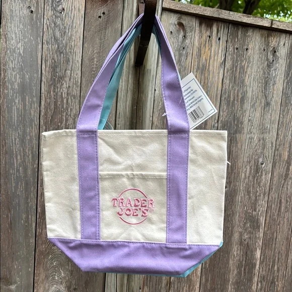 Trader Joe’s Adorabke Mini!  Two totes! Aqua Blue and Lavender Canvas Tote - Picture 3 of 5